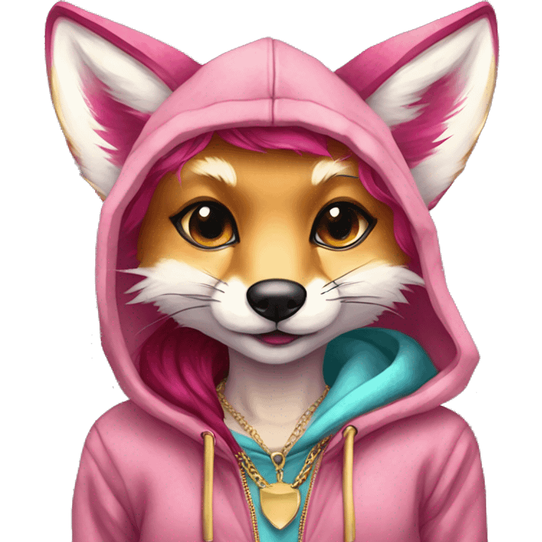 Pink magenta burgundy maroon cyan beige gray fox wearing a pink hoodie with gold jewellery gold piercings gold ear piercing gold nose piercing vintage watercolour tie dye black raven wings emoji