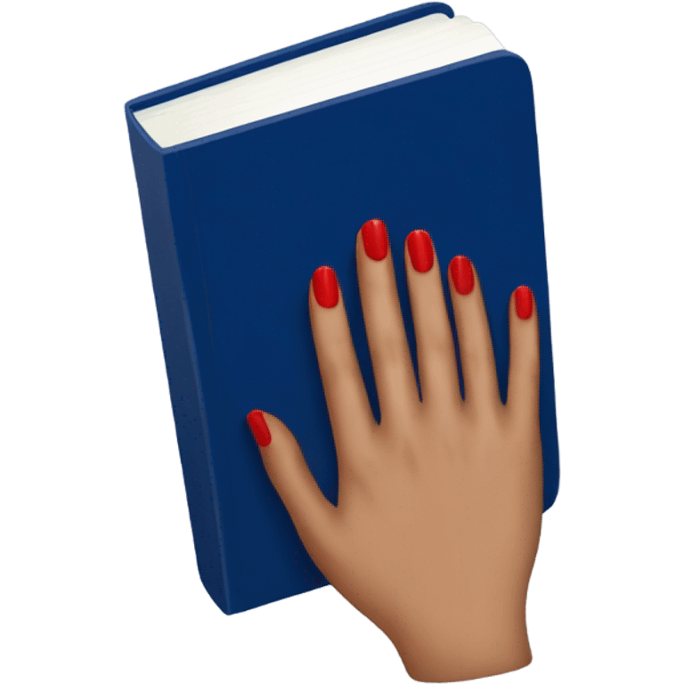 a hand with a red manicure holds a dark blue diary emoji