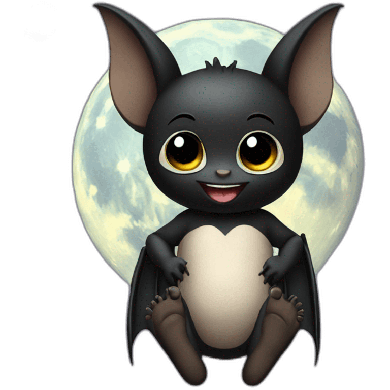 black happy baby bat wings sitting in front of moon holding feet emoji