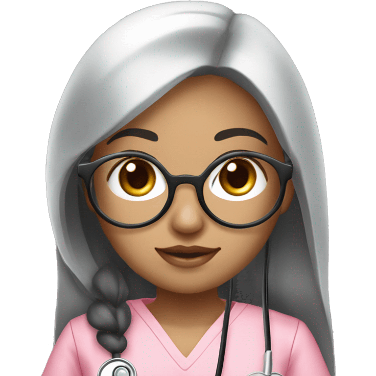 Aian girl (beige white skin tone and big eyes) with circle silver glasses, long black hair , wearing a pink nurse uniform scrub) with a stethoscope emoji