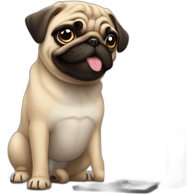 perro pug en una computadora editando videos emoji