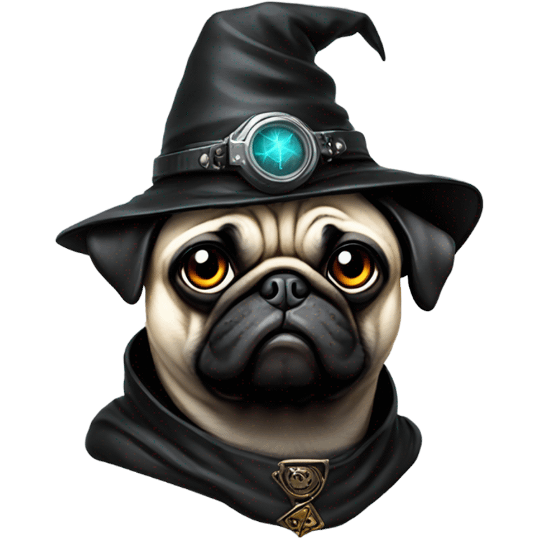 cyberpunk pug wearing a black wizard's hat emoji