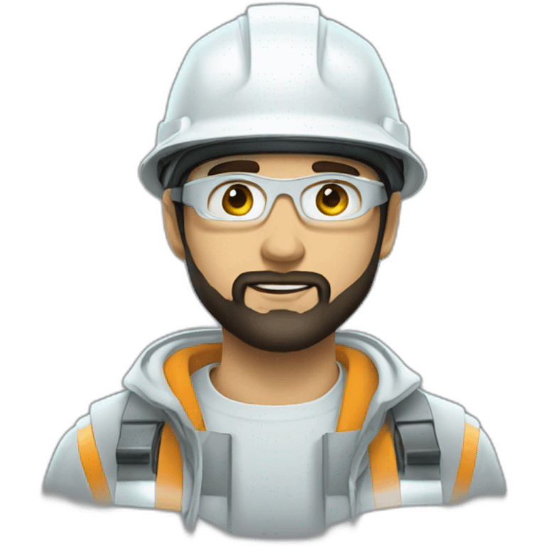 A young electrical engineer with a light black beard, a white helmet and a phosphorescent protection jacket emoji