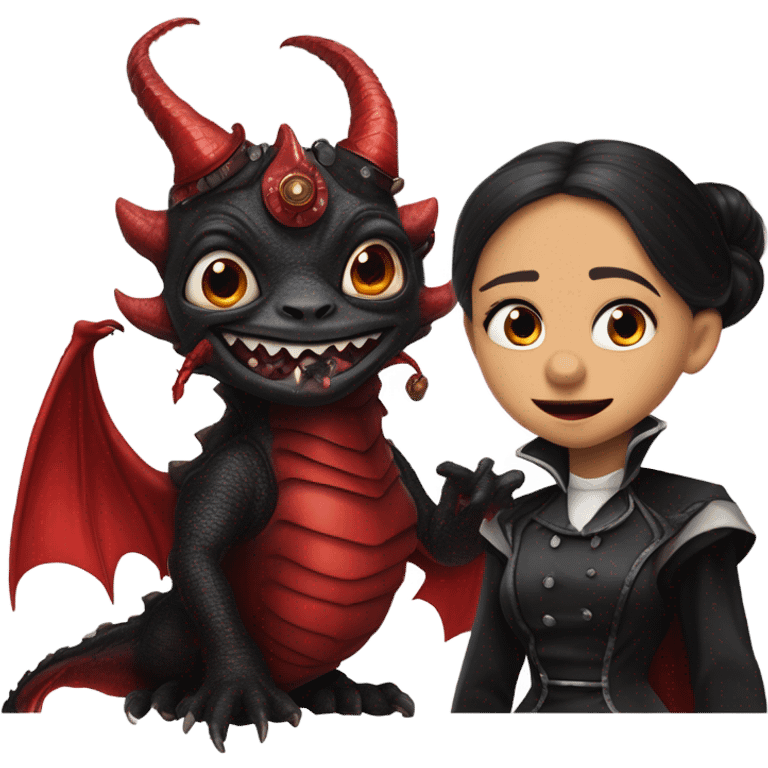 surprised Lavish Victorian evening gown with gloves, Jenna Ortega as Addams girl Jedi wearing a steampunk mini tiara, very large blood red evil-looking horned dragon emoji