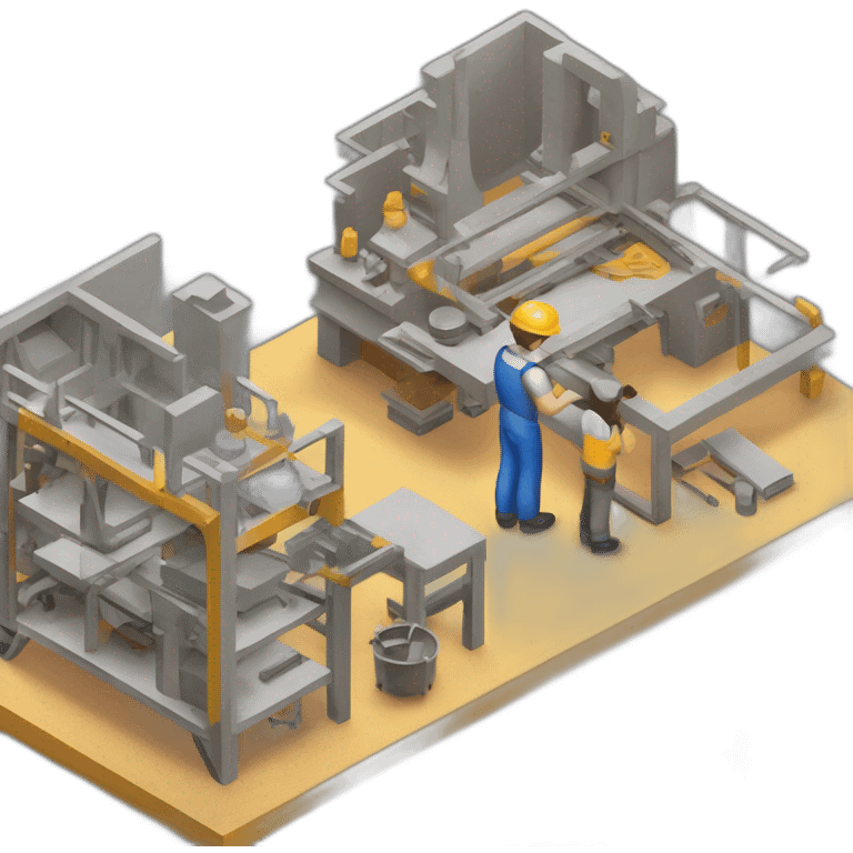 isometric teacher with student woodshop metalshop people teaching tools simple brutalist industrial makerspace concrete close up  emoji