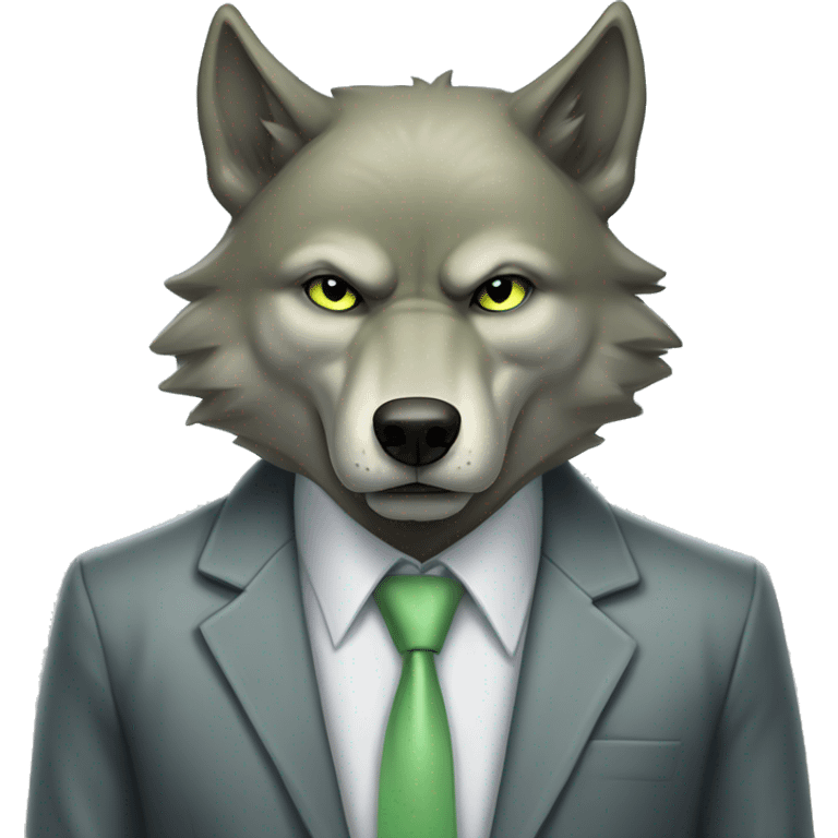 Portrait of Big Bad Angry Wolf with a human-like face wears a sleek jacket grey and a pastel green tie like a salesman and eyes color matching the tie emoji