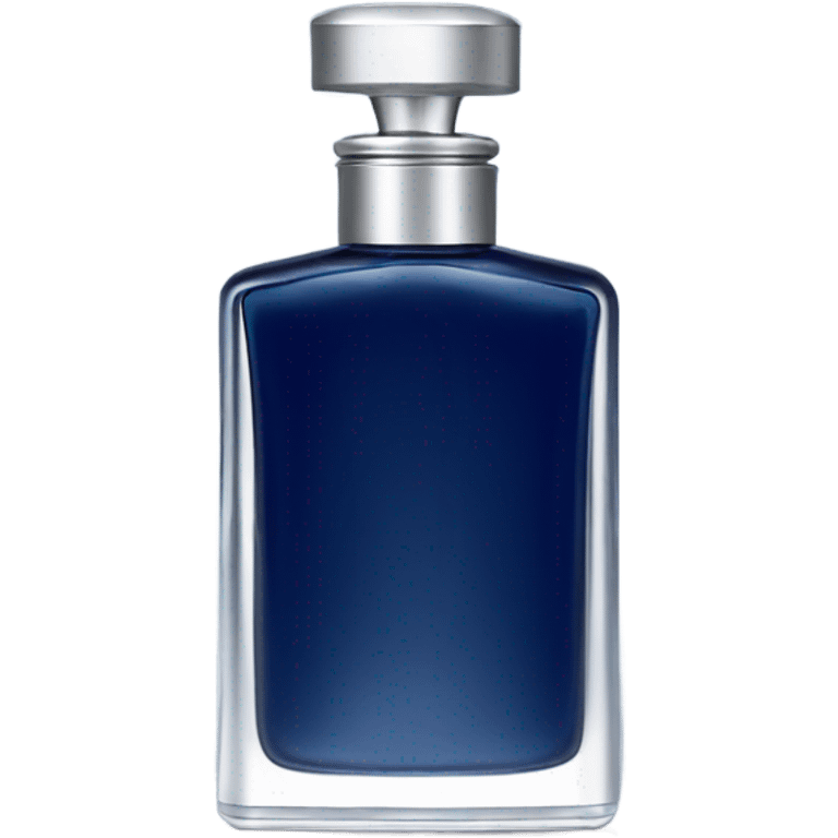 Dark blue cylindric perfume bottle for man with white rectangular label and silver cap emoji