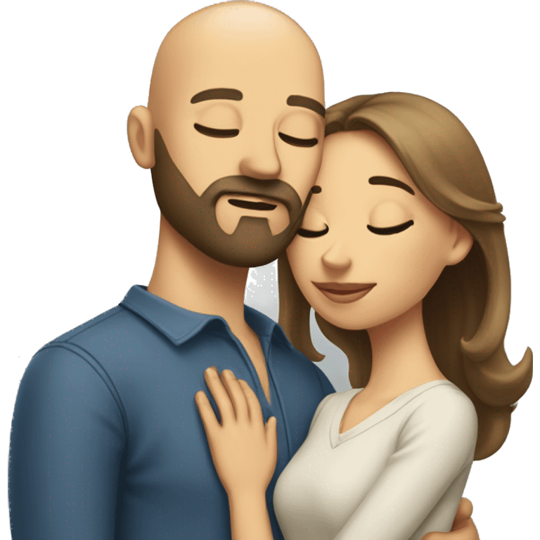 A bald man with a dark blonde full beard wearing a shirt kissing a brunette woman with her eyes closed emoji