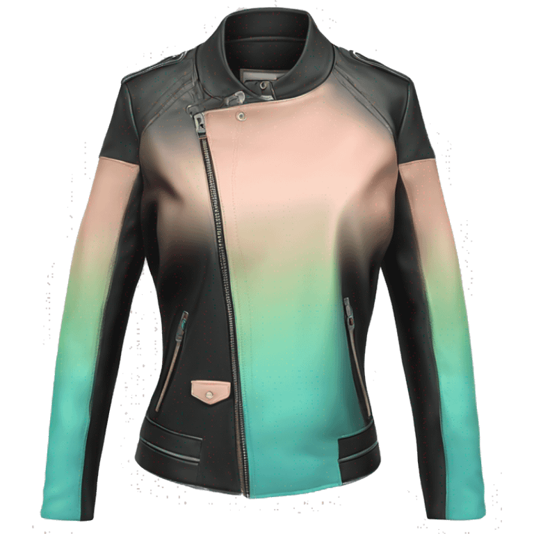 Hyper Realistic isolated side view of an open black,peach,pastel green,pastel blue ombre feminine fashion leather jacket.  emoji