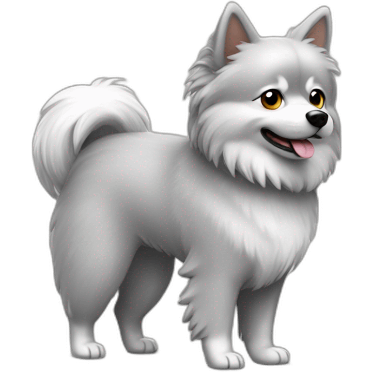 Gray small spitz walking in overall emoji