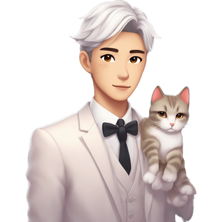 Gorgeous romantic anime style Asian formal modern gentlemanly guy with cat ears and flowers and blushing face aesthetic trending style outside with colorful gradient colors emoji