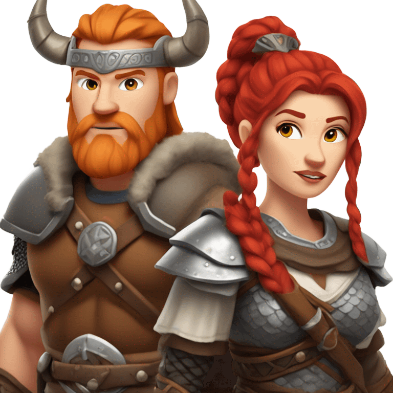  White Viking red head pale skin beautiful dragon  queen with a Viking solder with a gray man bun built white solder on a dragon  emoji