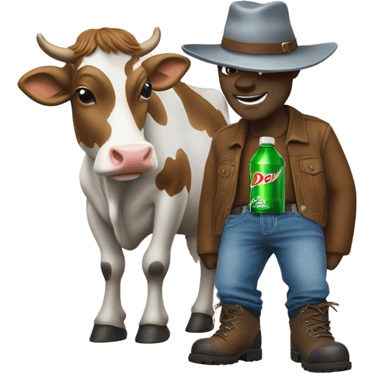 Cow with a Mountain Dew in its hand with jeans and boots and a 𐚁 hat on  emoji