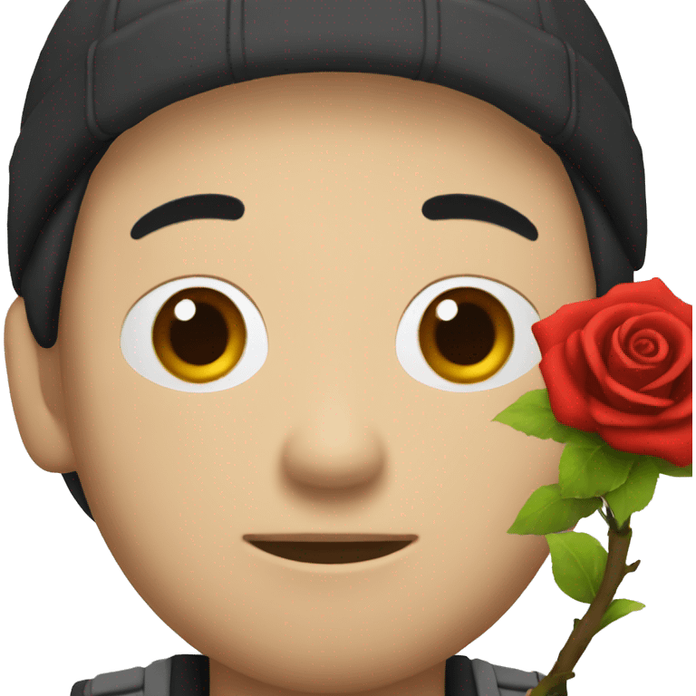 an asian man with a "D" written cap holds a black rose emoji