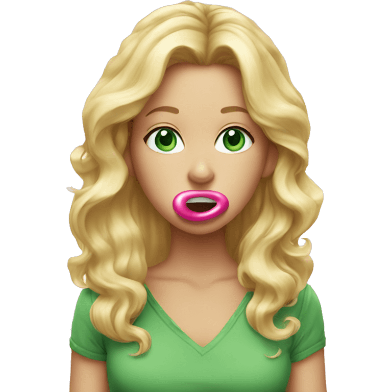 blonde female hair down with green eyes blowing a pink bubble gum emoji