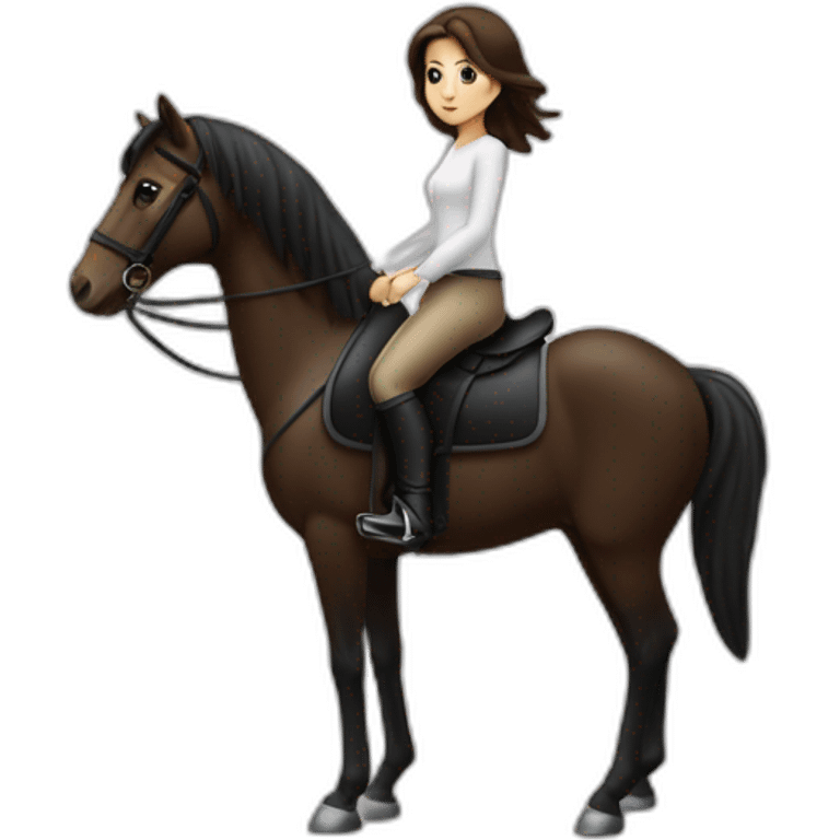 Fille brune sur un cheval noir et blanc emoji