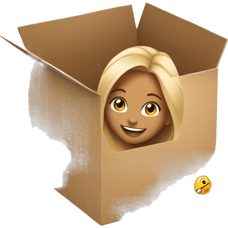 A beautiful woman with light-tan skin peeks cheerfully from an opening in a large cardboard box, her expression playful and inviting. emoji