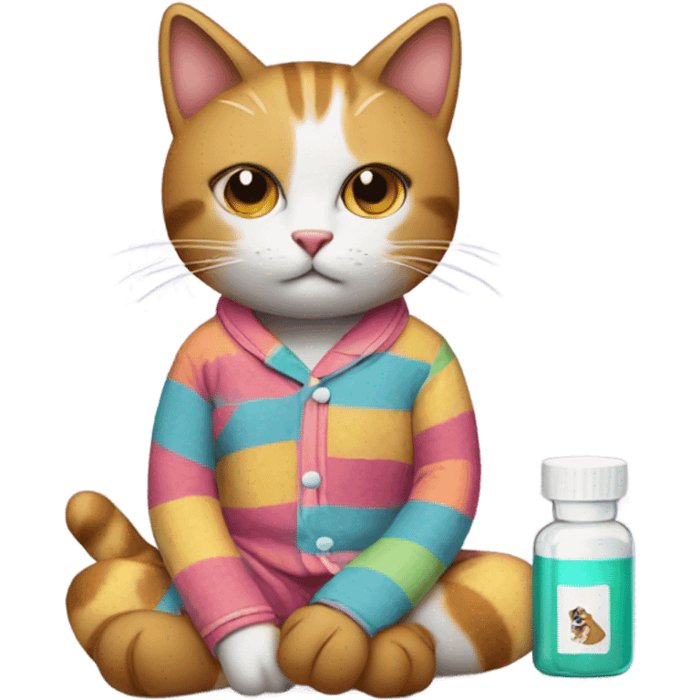 cat in pajamas taking prescription pills emoji