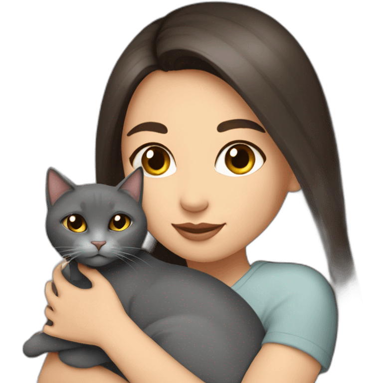 beautiful woman with dark long straight hair and brown eyes hugs a grey cat  emoji