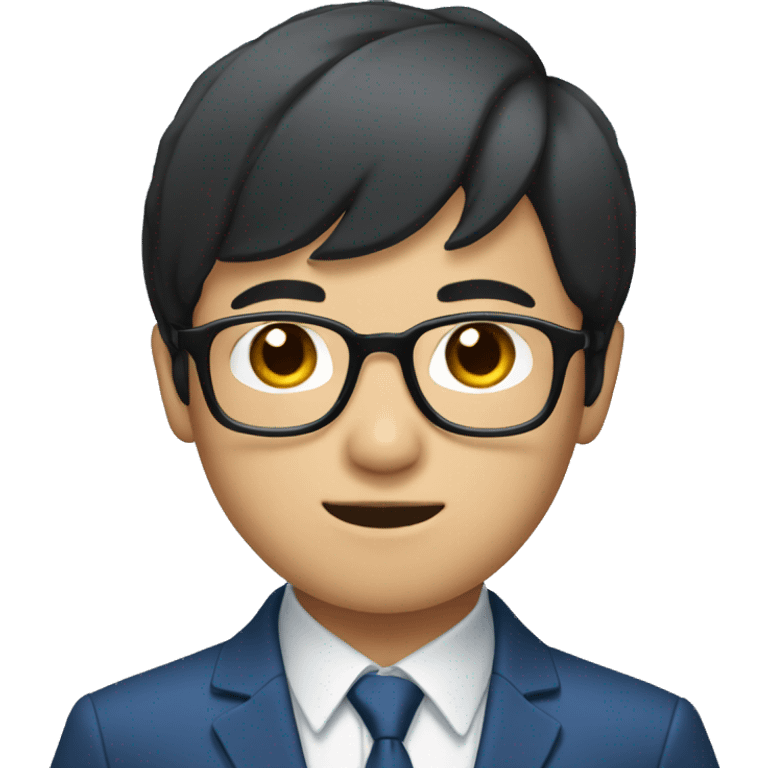 Asian boy with fair skin, short black hair, wearing a blue suit and black glasses emoji