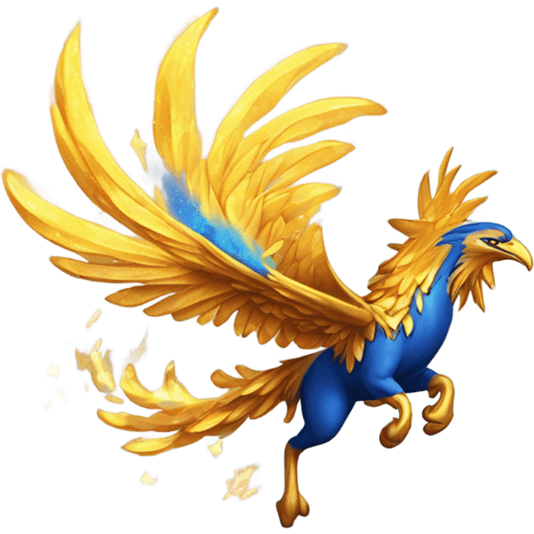 “A molten gold phoenix with electric-blue wings, mid-flight, leaving a trail of fiery stardust and sparks.” emoji