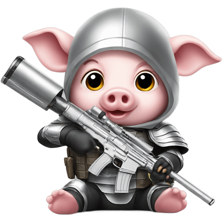 A baby pig sniper in silver armor shooting emoji