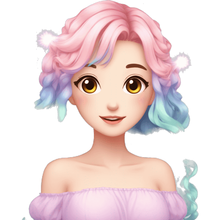 Gorgeous Beautiful Blushing Petite Colorful-Shiny-Pastel-Fairy-Soarkle-Anime-Girl with beautiful gradient pastel hair aesthetic emoji