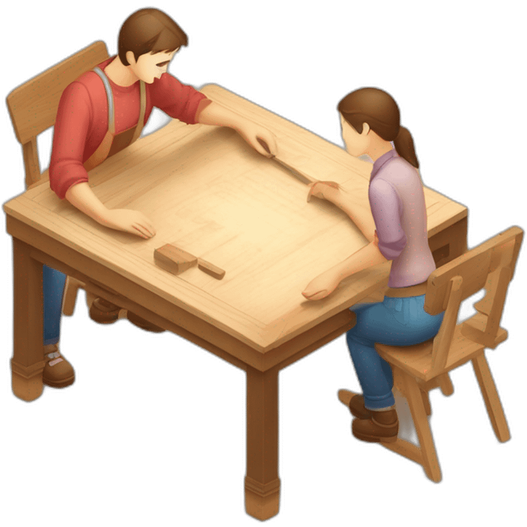 isometric square transparent solid outline border containing woodworking teacher with student teaching in creative workshop on long table emoji