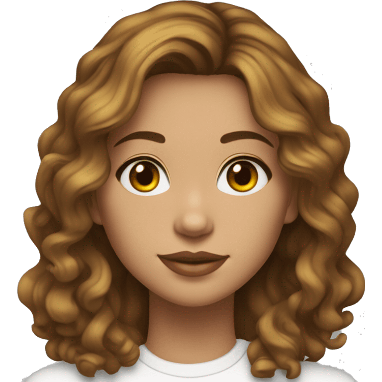 Female, 30 years old, light skin but tanned, olive eyes, thick wavy light brown hair cut in layers shaggy style, small gold earrings, white turtleneck T-shirt emoji