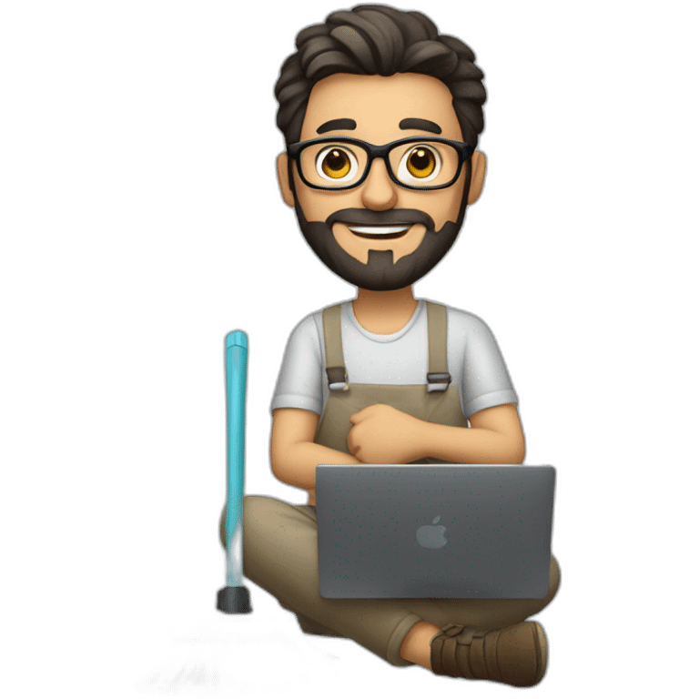 man with glasses, stubble beard, short dark hair, sitting working on macbook and holding a cleaning mop on his hand emoji