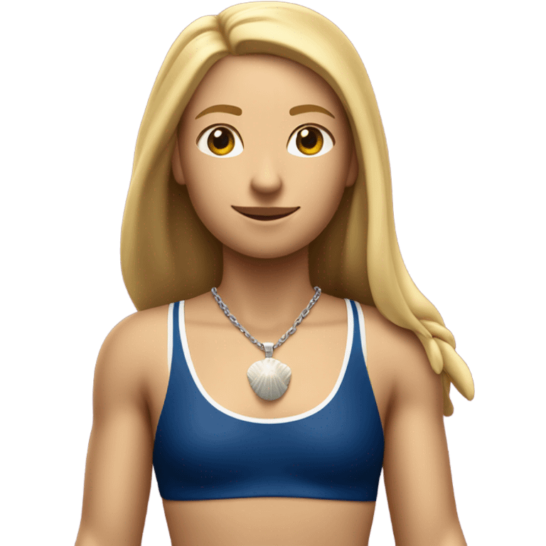 A girl with long blonde hair with wide shoulders wearing a Great Britain rowing swimming suit and has small muscles and add a necklace that has a sea shell pendant on it. She must have a  necklace around the neck and the pendant is on her chest emoji