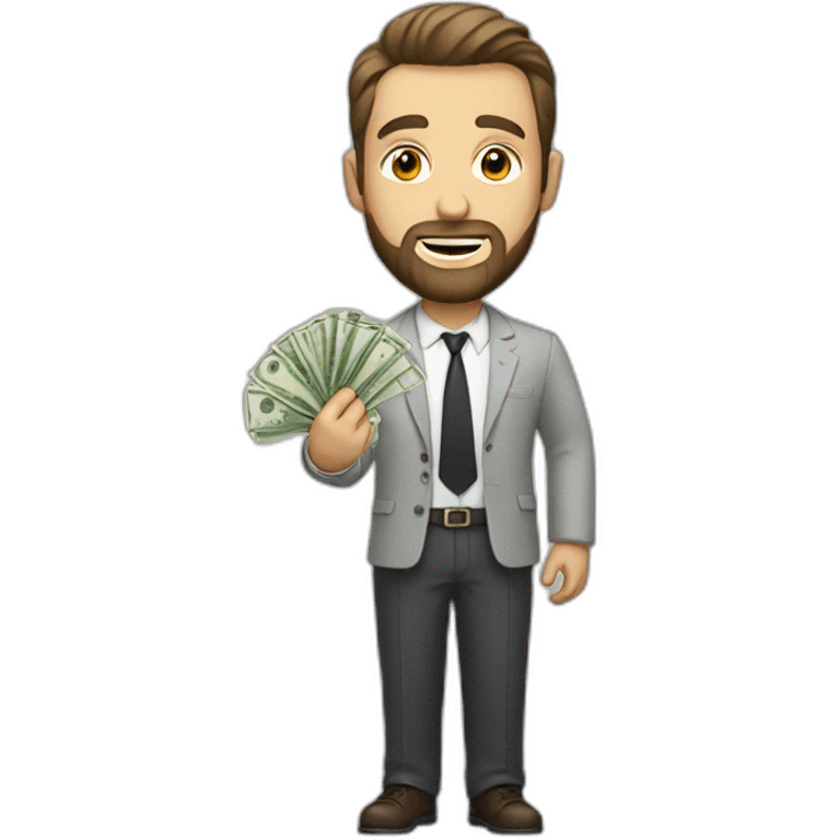 a white man with a short haircut and a beard with money in his hand emoji