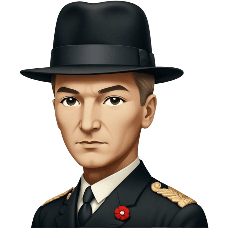 ​Cinematic Realistic Portrait of a Young Mustafa Kemal Atatürk, depicted in his iconic tall black hat and traditional attire with a confident, visionary expression, rendered with rich historical textures and warm, inspiring lighting that captures his youthful dynamism and transformative leadership, emoji