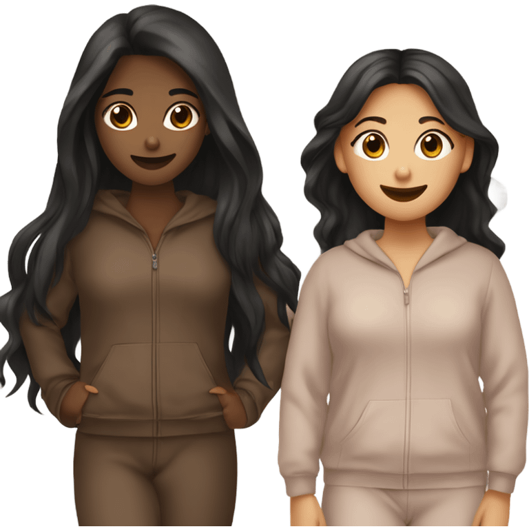 Two girls  sleepover both tan skin  one girl has short dark brown hair and the other has long black hair both matching brown pajamas  ￼ emoji