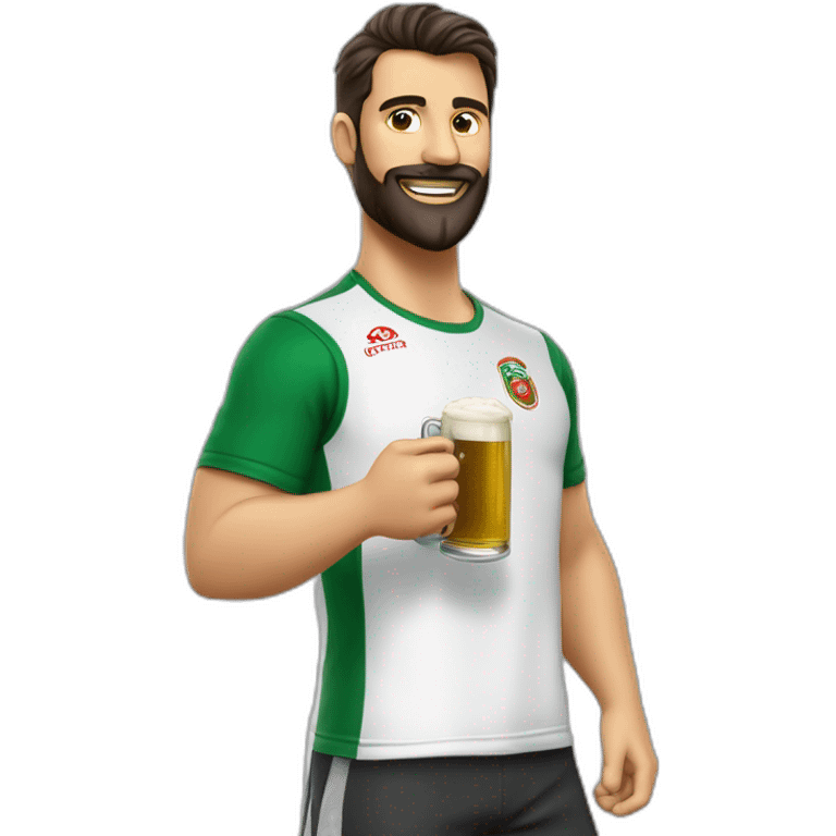 Hombre moreno con barba tomando cerveza con una camiseta del Córdoba C.F emoji