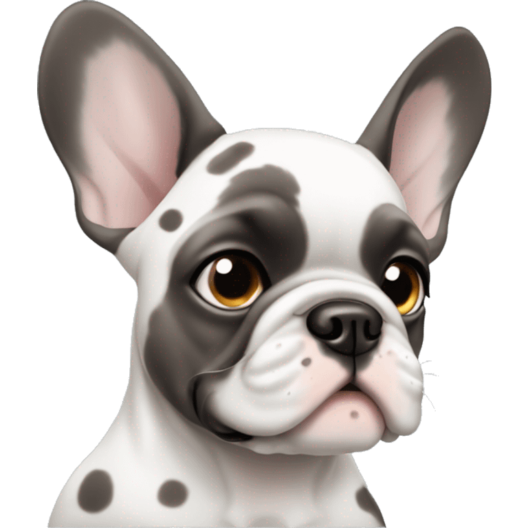 A puppy French bulldog with light grey fur and dark spots with one blue eye and one brown emoji