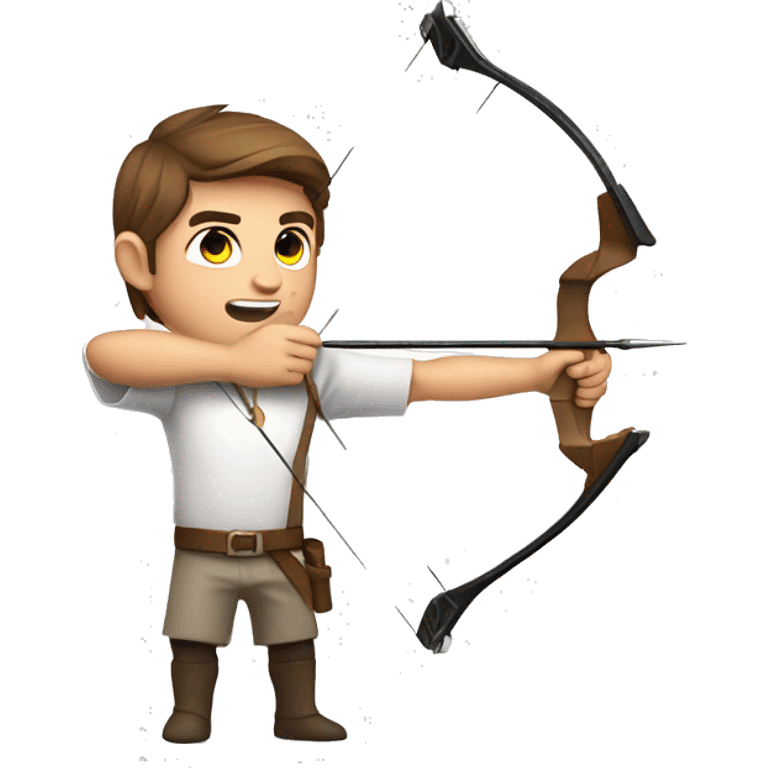 a male archer aiming with a bow looking at his target, wearing a white shirt, brown hair, bright skin, emoji