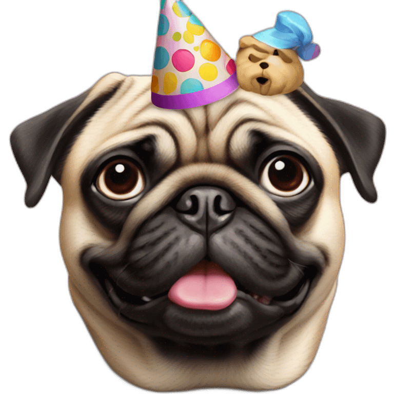 pug and black pug wearing birthday hat emoji