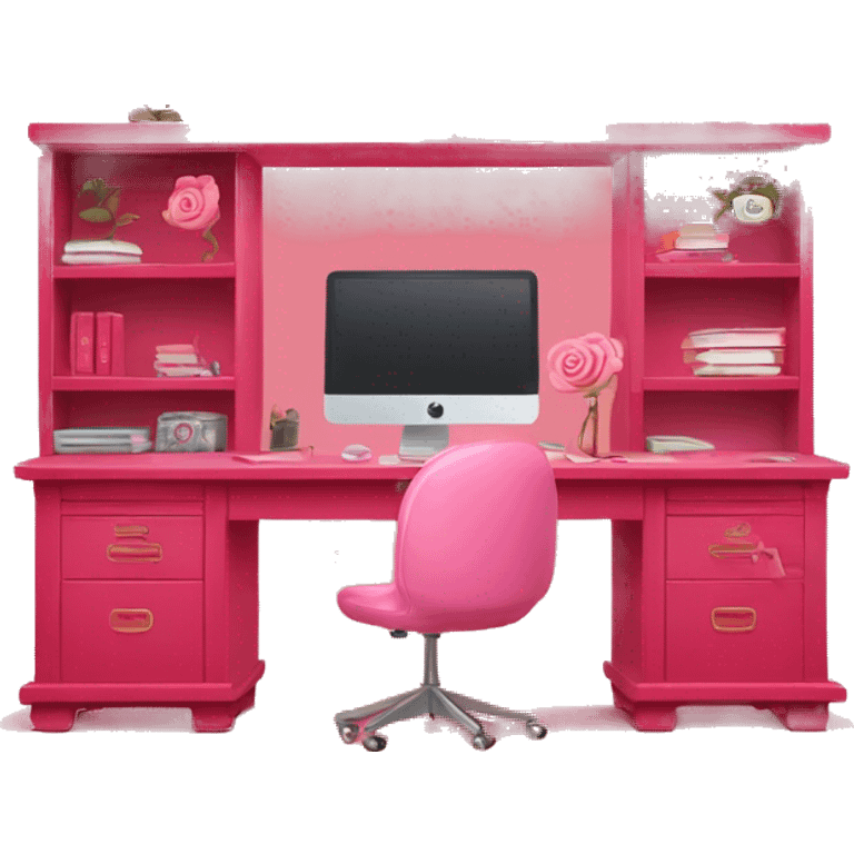 Rose red pink desk with shelves + decorations + rose red computer on top of desk.  emoji