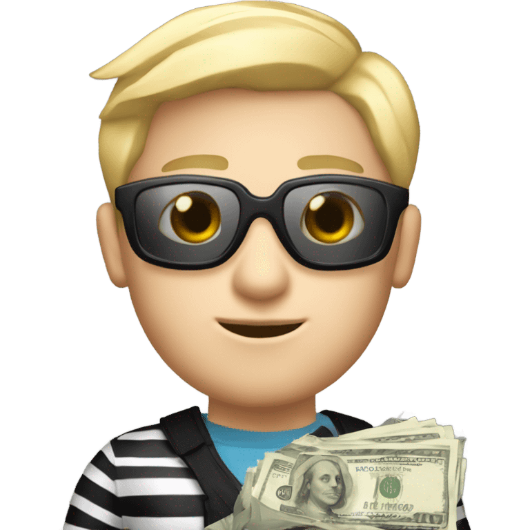 Blonde male, peach colored skin, black and white striped goggles, black and white striped clothing, and holding a bag of money emoji