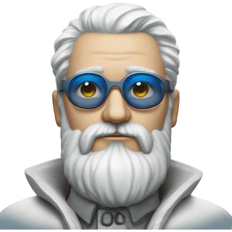 Homme grande barbe blanche chauve yeux bleu lunette et manteau cyberpunk emoji