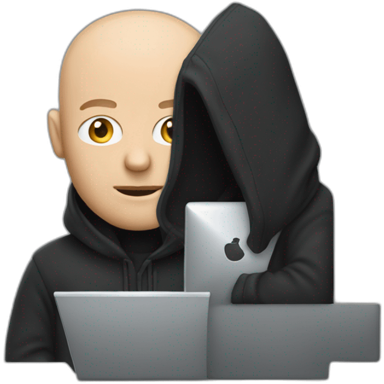 bald white man with a salt and pepper beard typing on apple computer wearing a black hoodie emoji