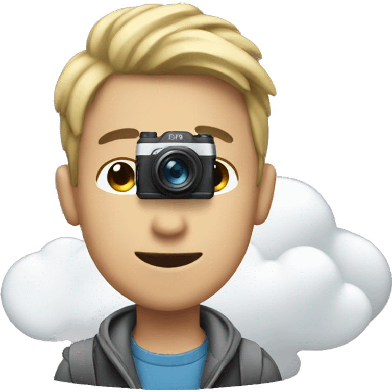 a boy with a camera and clouds around emoji