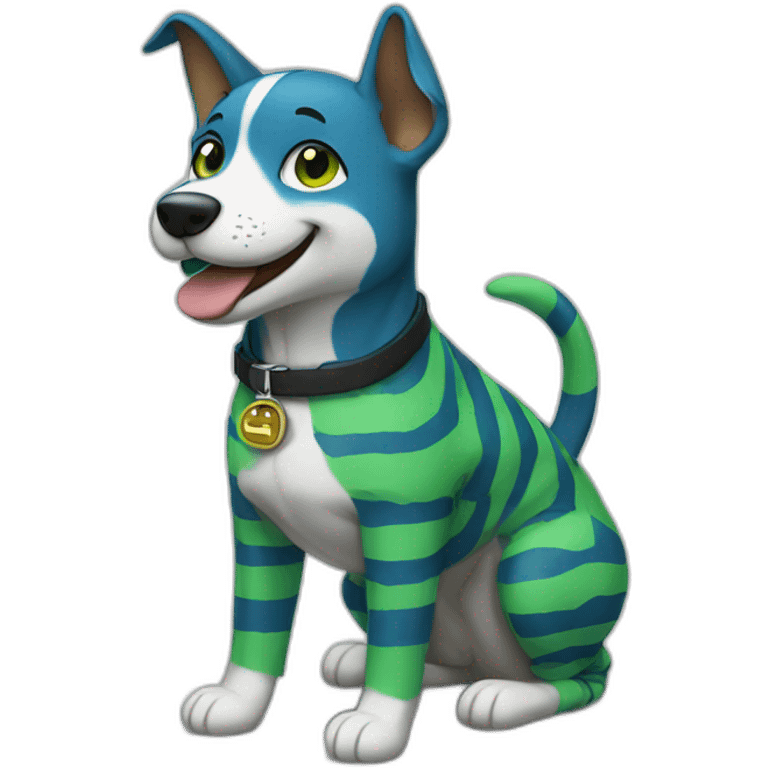 a blue and green striped dog-fursona smiling emoji