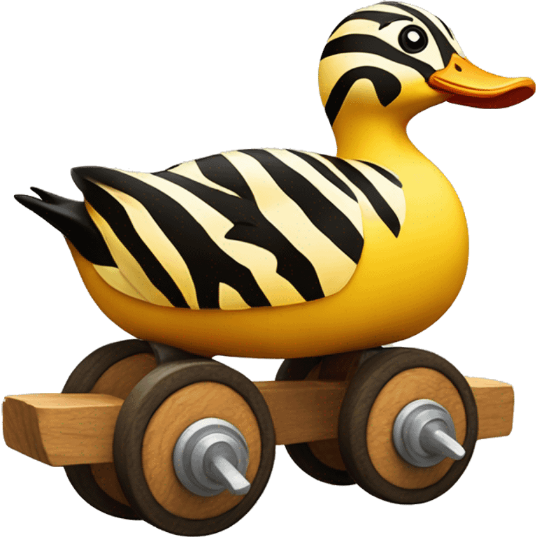 Yello Duck with tiger stripes on wooden wheels like from the book janosh. Point of view from the side emoji