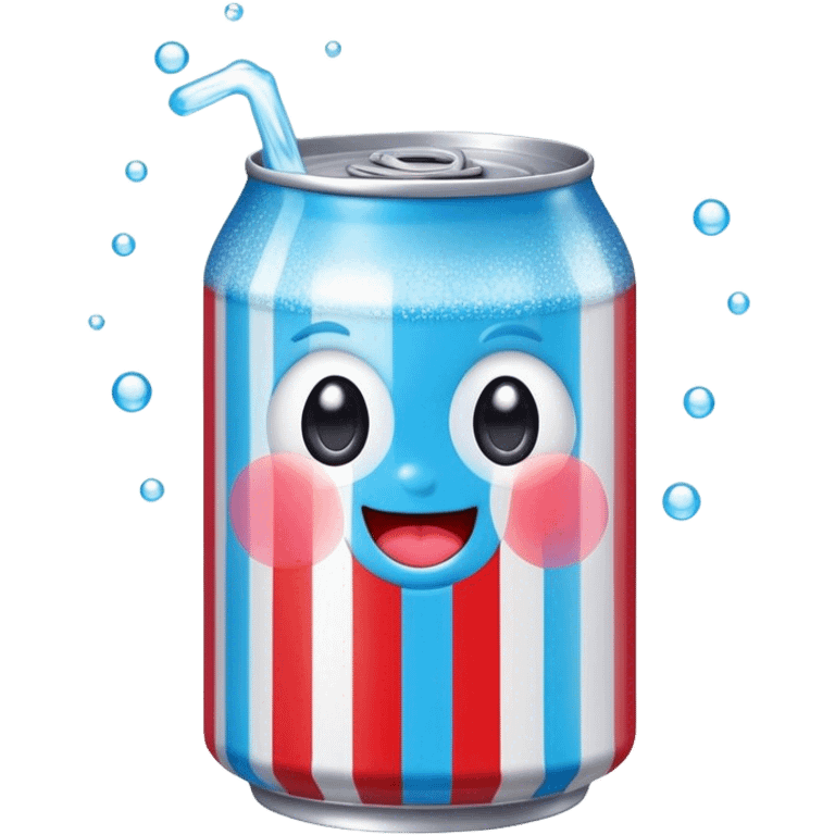 Cute Kawaii Soda Can, bubbly and vibrant, bright red and blue stripes, playful fizz popping around, a chubby happy face with wide sparkling eyes, energetic and refreshing! emoji