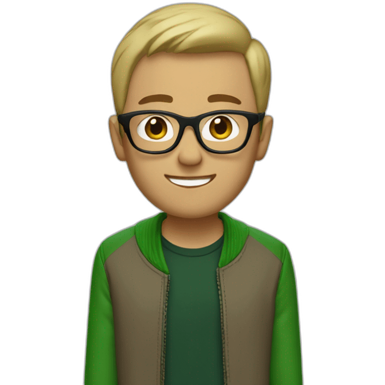 guy with black glasses dirtyblonde short hair with green letterman jacket and brown sleeves emoji