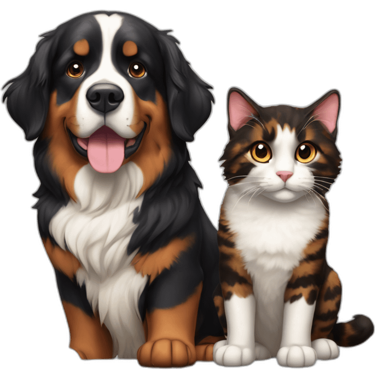 A Bernese dog next to A tortoiseshell cat without white emoji