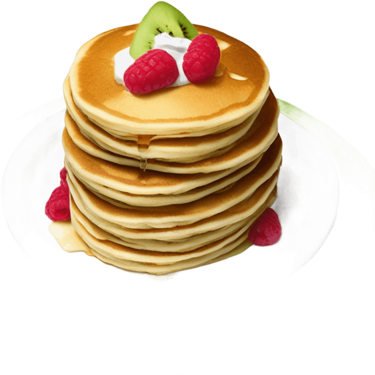 three pancakes with sour cream on top, raspberry jam and kiwi slices in a white plate emoji