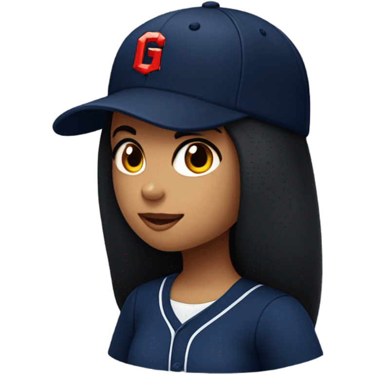 Black long hair girl wearing navy ballcap emblazoned with a red G initial and wearing baseball uniform emoji